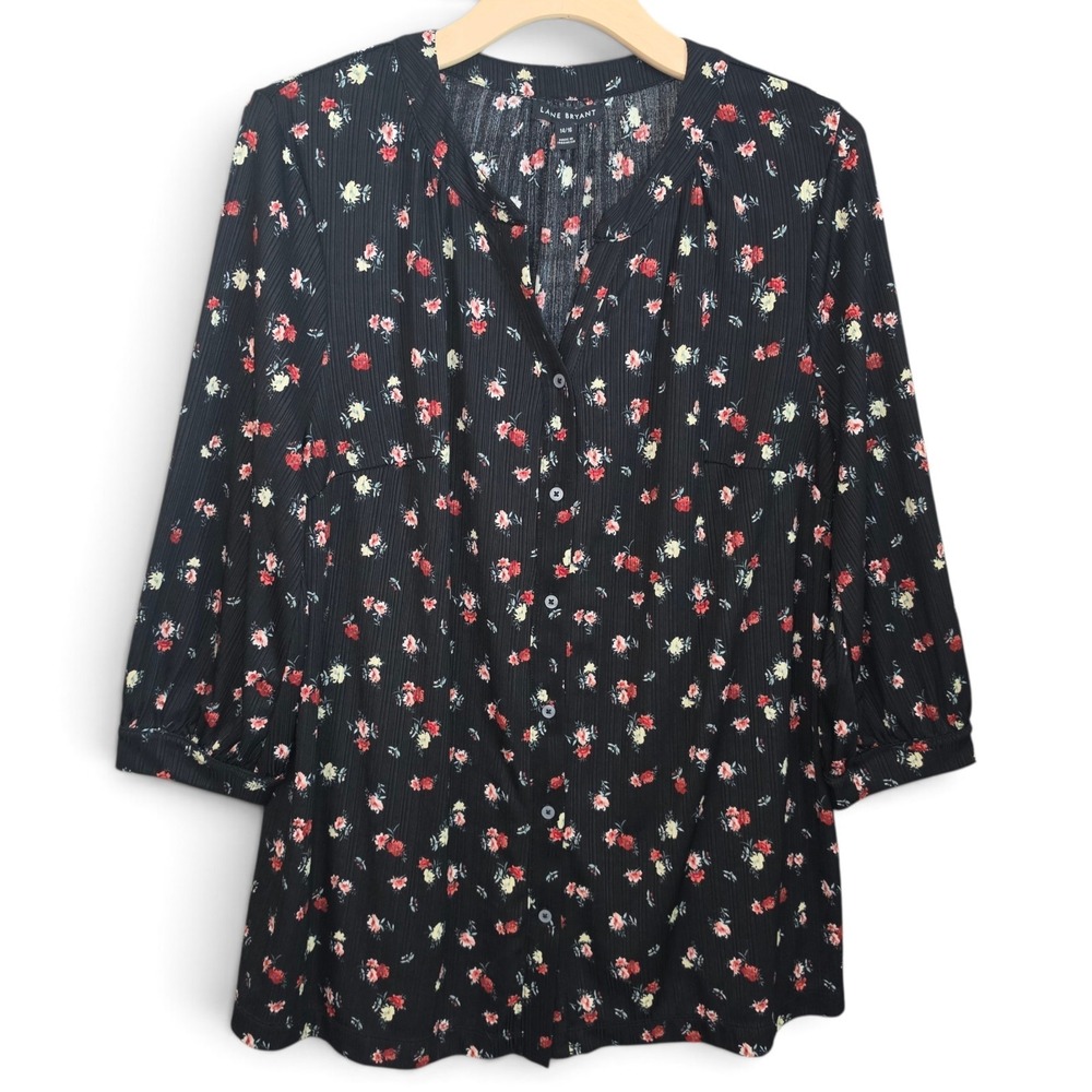 Lane Bryant Blouse Womens Plus 14/16 1X Black Floral Button 3/4 Sleeve Pleat Top